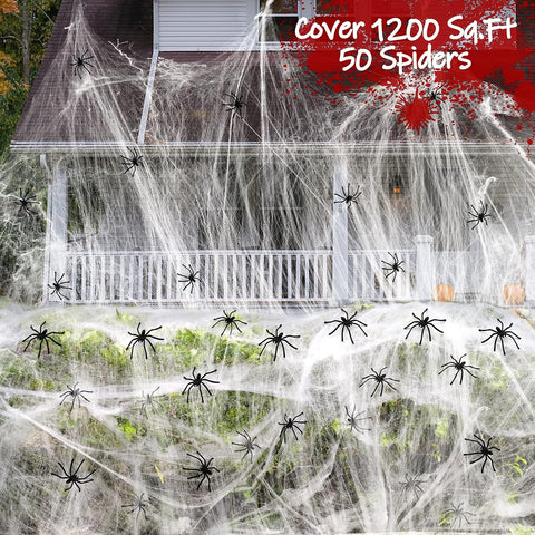 300g Halloween Spider Web Decoration with 50 Spiders – Stretchable Cobweb for Indoor & Outdoor Halloween Parties, Homes, Gardens, Bars & Trick or Treat Events