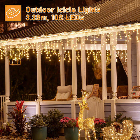 HeiPard 3.38m Outdoor Christmas Icicle Lights 108 LED Warm White – 8 Modes, Remote Control & Timer - Make Your Home Glow With Christmas Magic