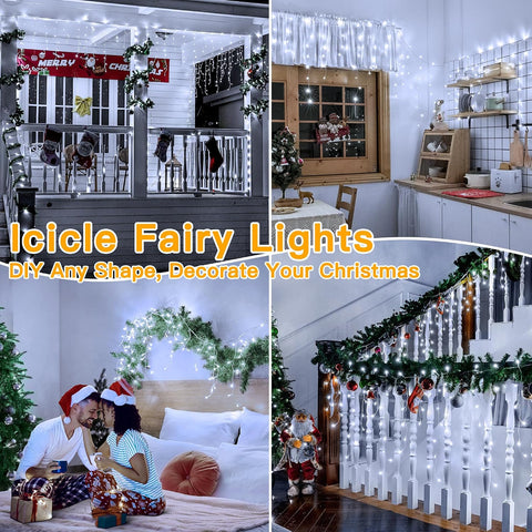 Ollny 10M 400LED Outdoor Icicle Christmas Lights – Cool White Waterproof Hanging Fairy Lights with Remote, 8 Modes & Timer - Give Your Home a Magical Christmas Glow