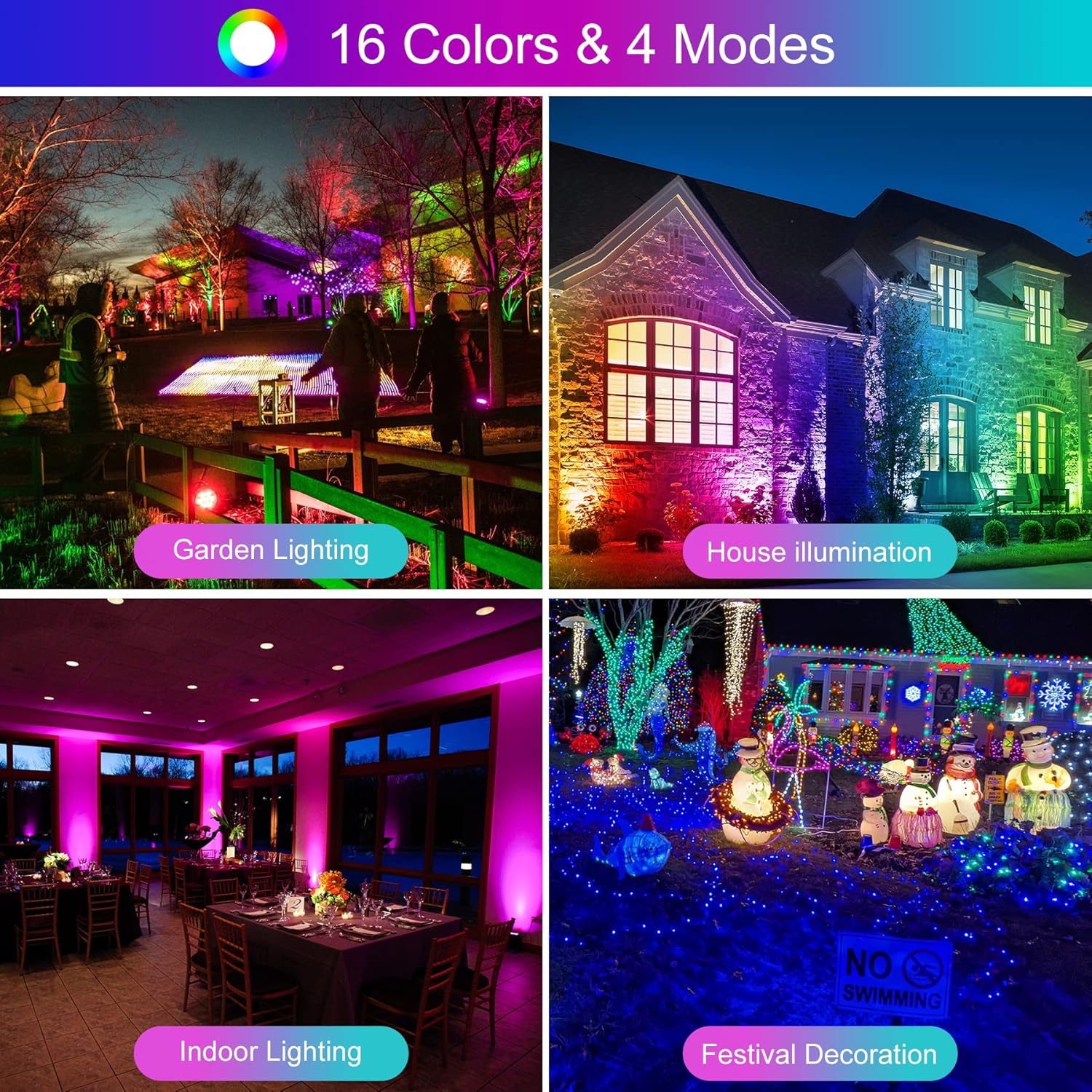 Collage of various lighting effects including garden, house, indoor, and festival decorations with text '16 Colors & 4 Modes'.