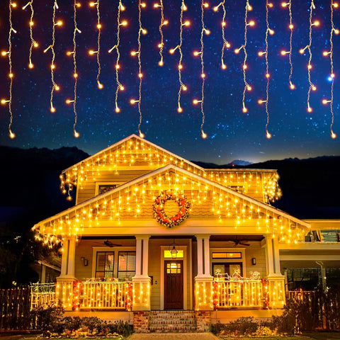 EcoNour 35m 1000 LED Icicle Christmas Lights – Warm White Outdoor Fairy Lights with 8 Modes & Timer for Garden, Windows & Parties - Turn Dark Winter Evenings Into a Warm Festive Glow