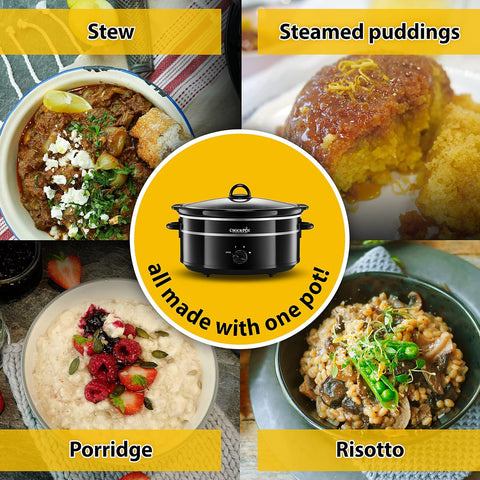 6.5L Black Slow Cooker with Removable Ceramic Bowl | 3 Heat Settings | Family-Sized Easy-Clean Crock Pot