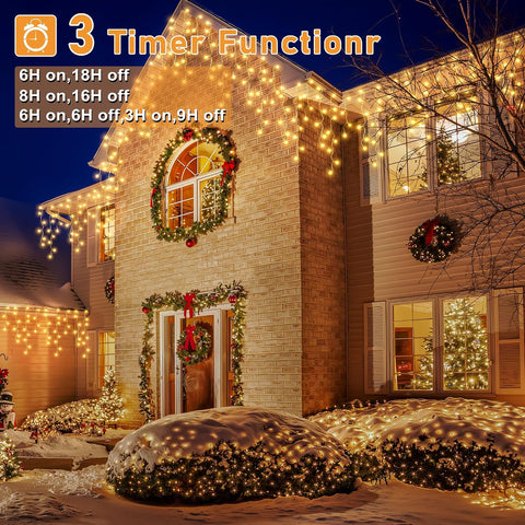 HeiPard 20m Outdoor Christmas Icicle Lights – 486 LED Warm White with Remote Control, 8 Modes, Timer & IP44 Weather Resistance - Turn Your Roofline Into a Warm Winter Welcome