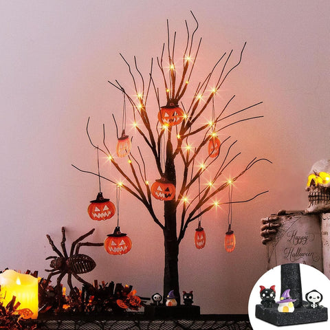Small Black Glitter Halloween Tree with 24 Orange LED Lights 60cm