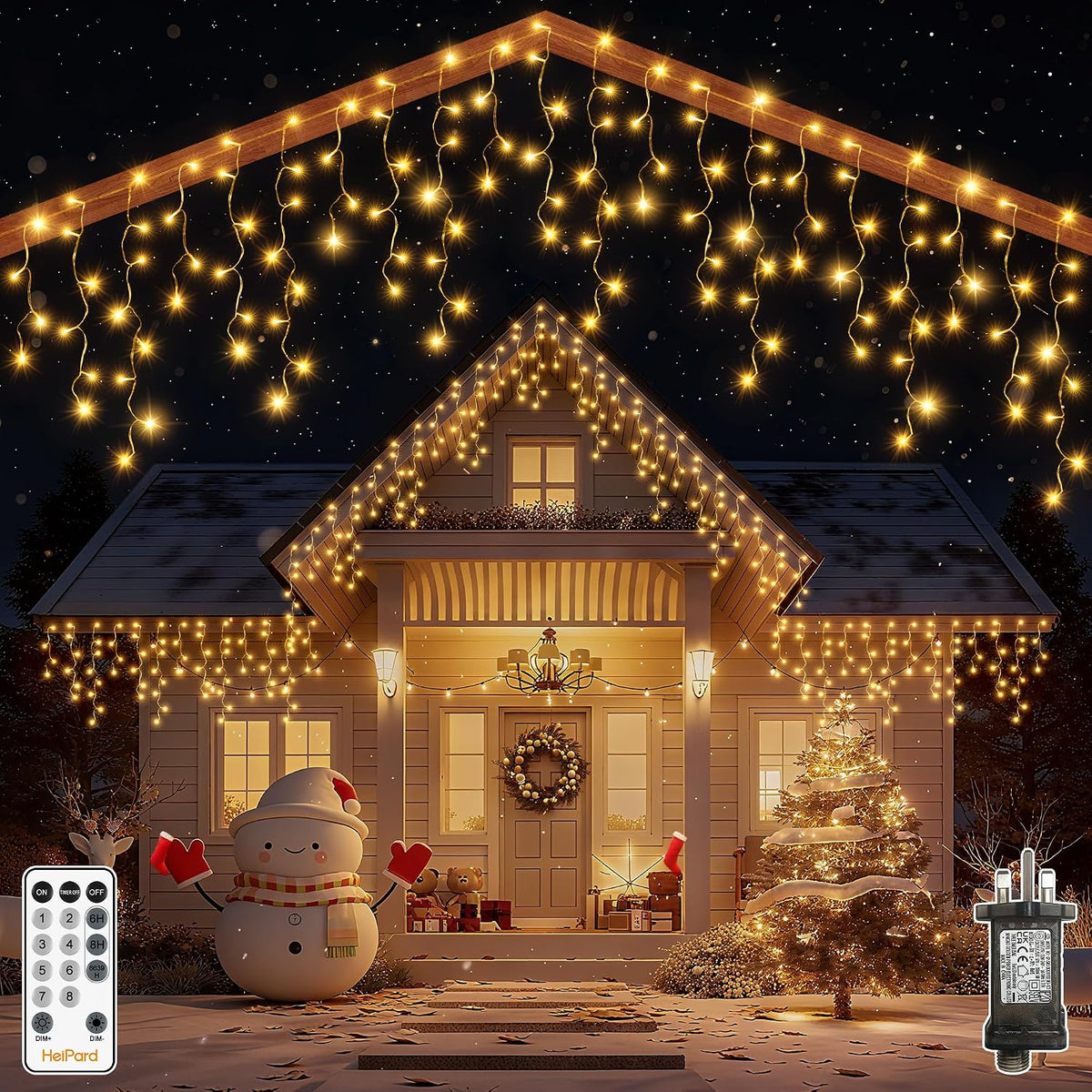 HeiPard 3.38m Outdoor Christmas Icicle Lights 108 LED Warm White – 8 Modes, Remote Control & Timer - Make Your Home Glow With Christmas Magic