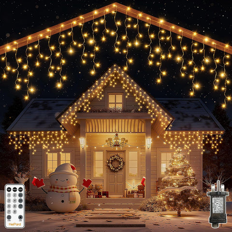 HeiPard 3.38m Outdoor Christmas Icicle Lights 108 LED Warm White – 8 Modes, Remote Control & Timer - Make Your Home Glow With Christmas Magic
