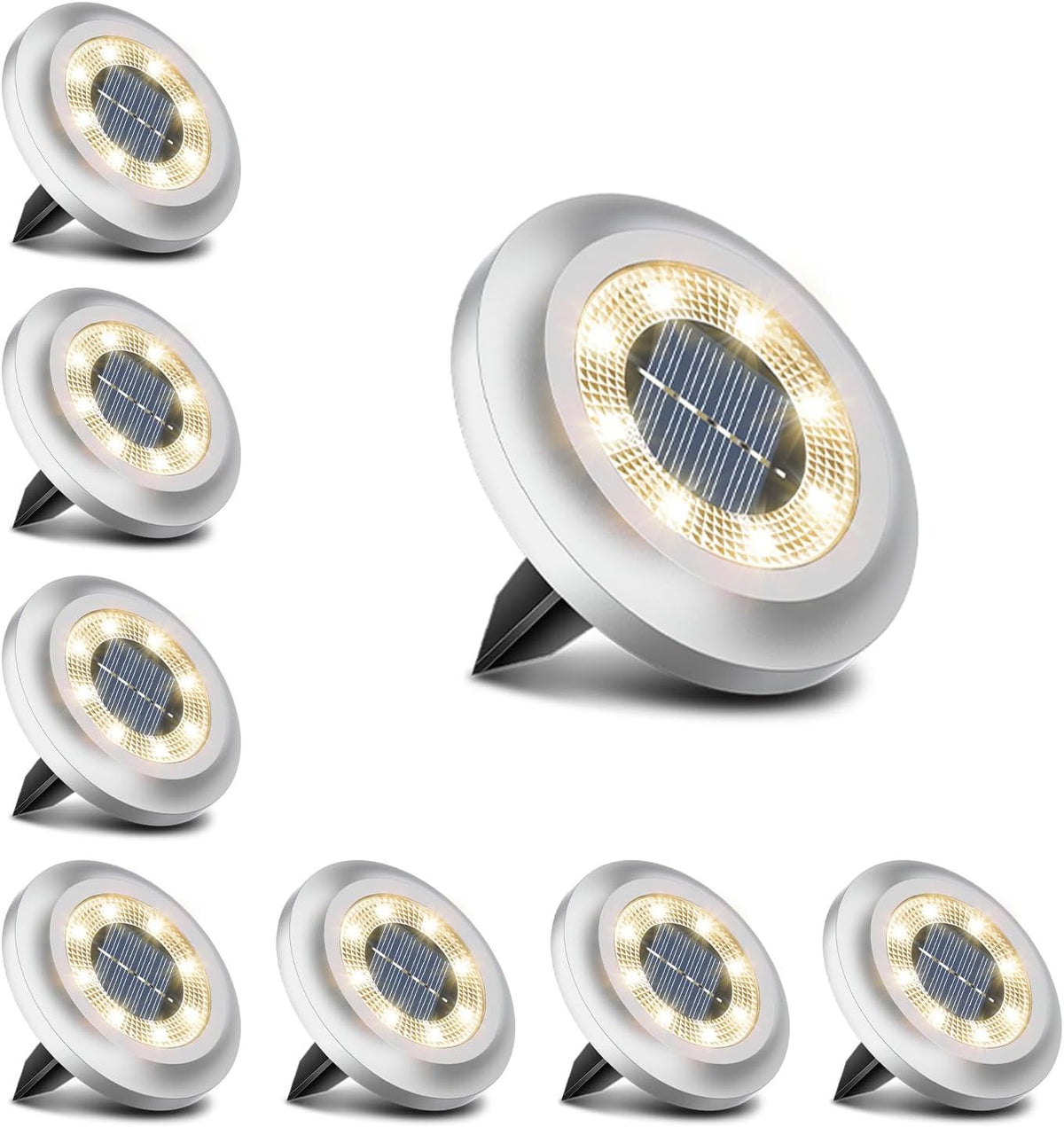 Solar Lights Outdoor Garden,600Mah 8 LED Solar Disk Ground Lights for Garden Lawn Pathway Yard Landscape Walkway（8 Pack Warm White）