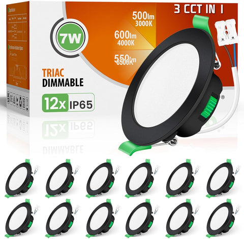 3CCT LED Downlights Ceiling Dimmable 7W IP65 Cutout 67-75MM 6 Pack | Slim Recessed Ceiling Lights, 3000K 4000K 6500K Selectable Bathroom Kitchen Spotlights, round White