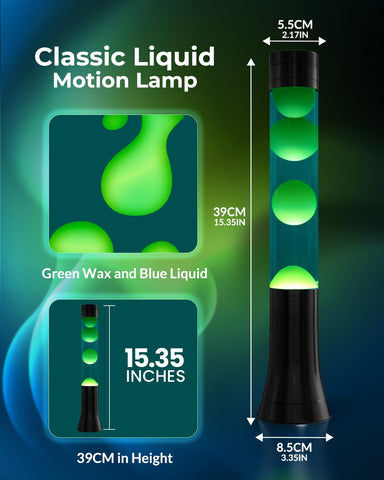 15.35" Liquid Motion Lamp, Green Wax, Blue Liquid | Relaxing Mood Light for Adults and Kids, Night Light for Home Decor, Christmas Gift