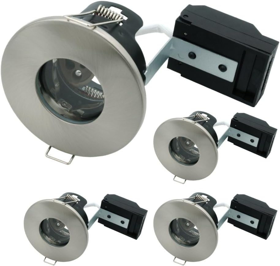 8 Pack - Brushed Chrome IP65 Bathroom & Shower Fire Rated Twist Lock GU10 Recessed Downlight | Air Flow Open Back | 68Mm Cut Out | 240V Class 2 Double Insulated | Push Fit Terminals | Outdoor