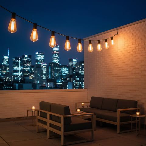 Outdoor Festoon String Lights – 15M with 50 ST64 LED Filament Bulbs – 40W, E12 Base – 3000K Warm White
