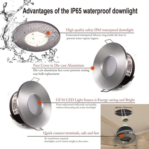 LED Downlights 5W, GU10 IP65 Bathroom Spotlights 3000K Warm White, 430LM Waterproof Recessed Ceiling Lights for Shower, Kitchen, Cut Out 68-75Mm 4 Pack