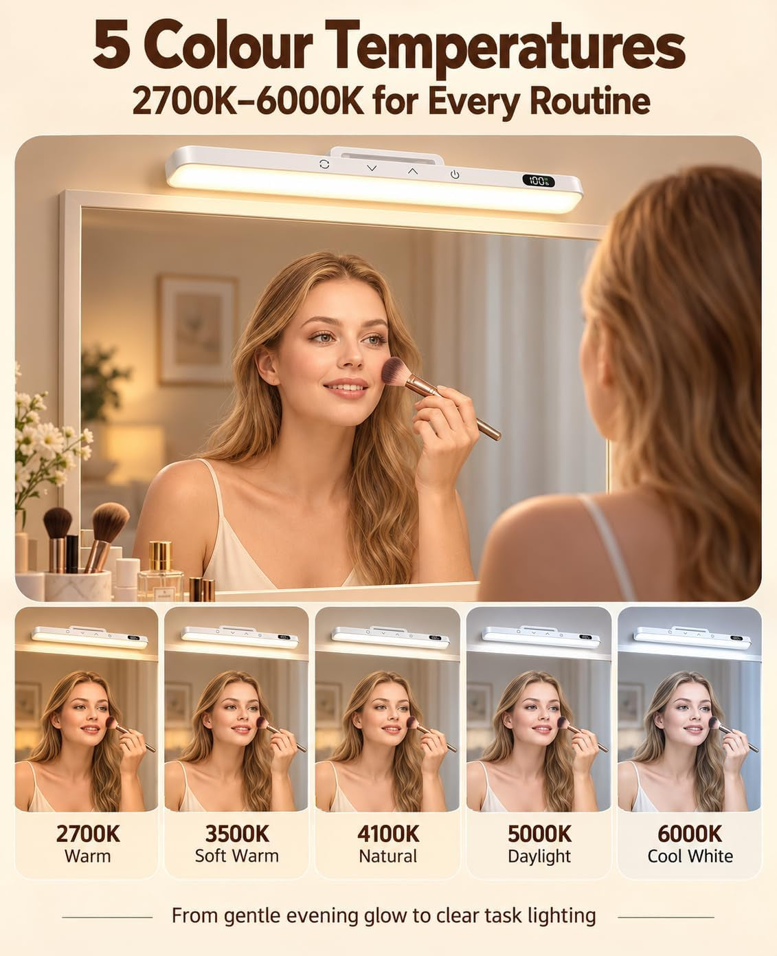 42Cm Makeup Light for Mirror,Dimmable Cordless Vanity Light,2Pk | Rechargeable Stick-On Lights, Dressing Lights with Battery Display,Foldaway Hook, 5 CCT & Dimmable,10/30 Min Timer, 2PK