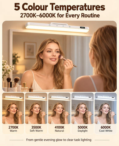42Cm Makeup Light for Mirror,Dimmable Cordless Vanity Light,2Pk | Rechargeable Stick-On Lights, Dressing Lights with Battery Display,Foldaway Hook, 5 CCT & Dimmable,10/30 Min Timer, 2PK