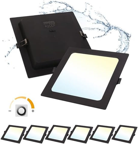6 Pack Dimmable LED Downlights 18W, 3CCT, Black, Square, Cutout 145-160Mm | LED Spotlight Ceiling 150Mm, 1600LM, IP44, 3000K/4000K/6000K Adjustable, LED Recessed Ceiling Light for Bathroom