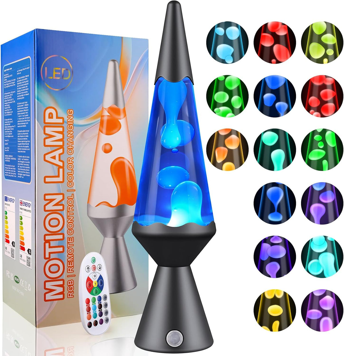 13.5″ Liquid Motion Lamp, 15 Colour Changing with Remote | LED Mood Lighting for Bedroom Decor, Calming Lava Flow Effect, Remote 15 Colours, Ideal Gift for Kids & Adults-Grey Base