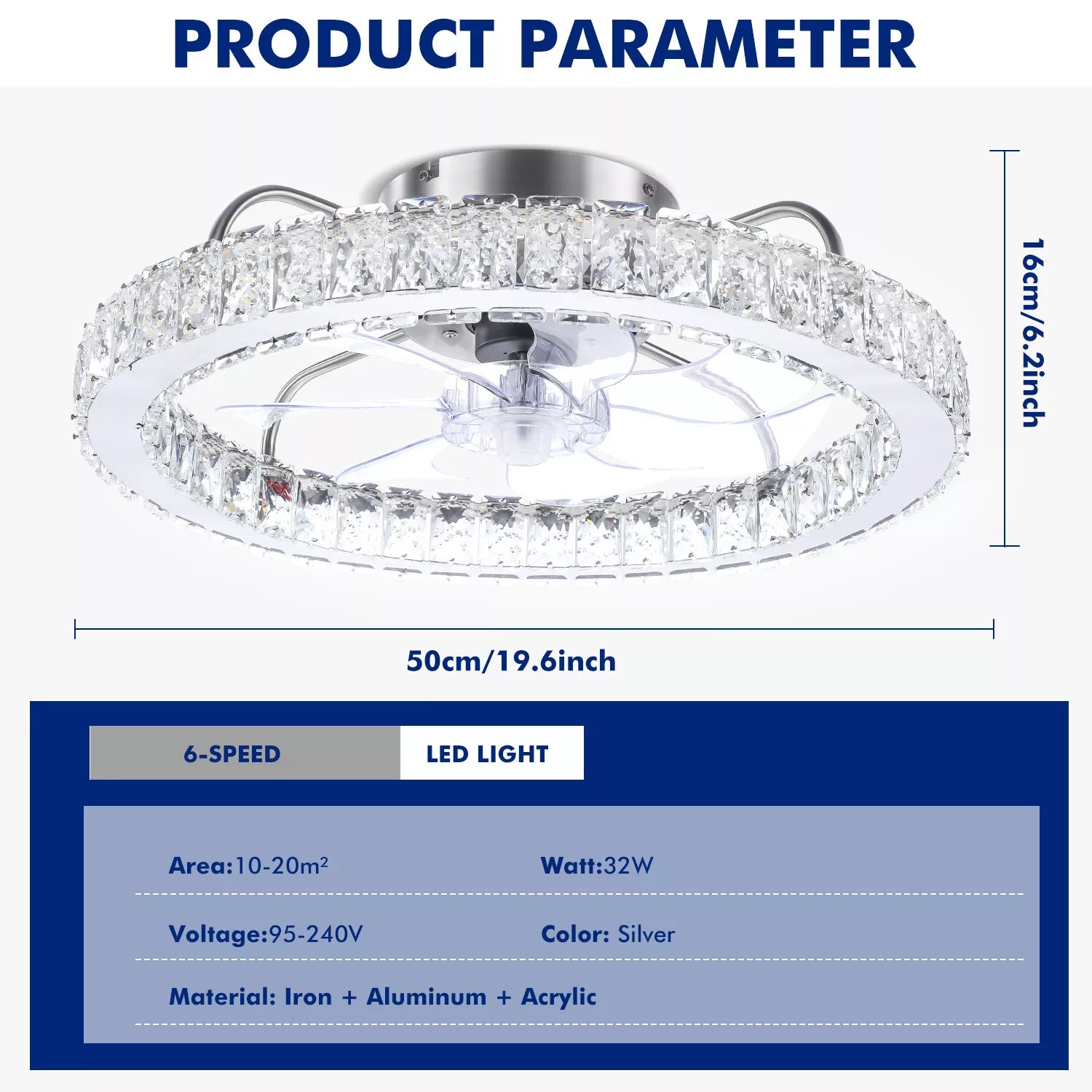LED Crystal Ceiling Fan Light UK – Dimmable, Quiet with Remote Control - UK