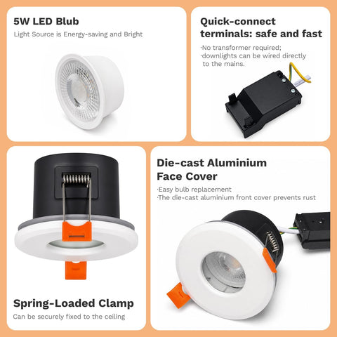 LED Fire Rated Downlights, 5W IP65 Waterproof Bathroom Spotlights, Dimmable 6000K Cool White Recessed Ceiling Lights for 70-75Mm Cut Out, AC220V-240V 4 Pack