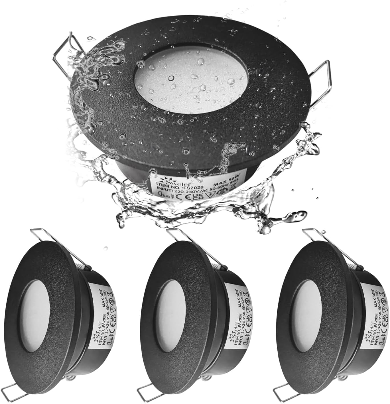 LED Downlights IP65 Waterproof Bathroom Spotlights 68-75Mm Cut Out | 4 Pack 5W GU10 3000K Class II Luminaire, Easy Install Black Recessed Ceiling Lights for Shower, Mains Powered