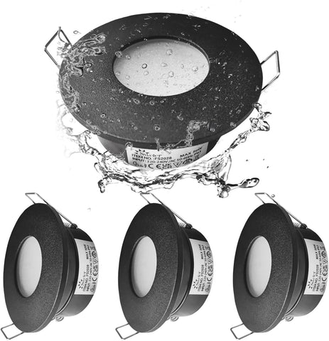 LED Downlights IP65 Waterproof Bathroom Spotlights 68-75Mm Cut Out | 4 Pack 5W GU10 3000K Class II Luminaire, Easy Install Black Recessed Ceiling Lights for Shower, Mains Powered