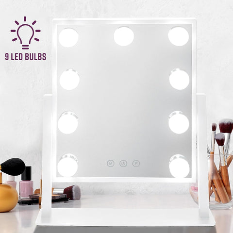 Hollywood Mirror with 9 LED Bulbs - 3 Colour Light Modes & Adjustable Brightness, Touch Screen, 360° Rotation, Light up Mirror, No Assembly Needed, Vanity Mirror with Lights - White