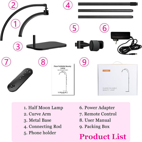 Half Moon Light for Eyelash Tech, Lash Lamp Eyelash Extensions | Professional Dimmable LED Floor Light with Phone Holder, for Esthetician,Nail Art, Beauty, Tattoo, Skincare Salon