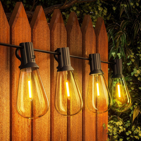 String of outdoor lights attached to a wooden fence with greenery in the background.