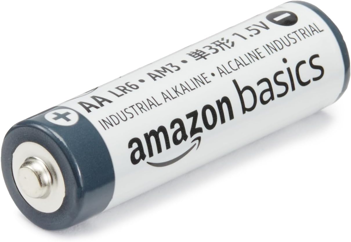 AA battery with 'Amazon Basics' branding on a white background