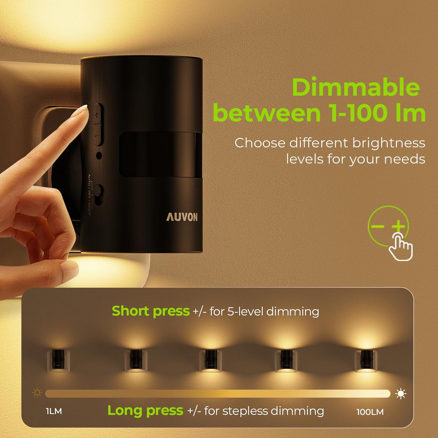AUVON dimmable light fixture with a hand adjusting the brightness and text explaining the dimming capabilities.