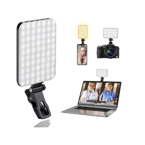 A collage of images showing a portable LED selfie light with clip, demonstrating the light being used with a mobile phone, camera, and laptop, illustrating the product's versatility and usage for video conferencing and photography.