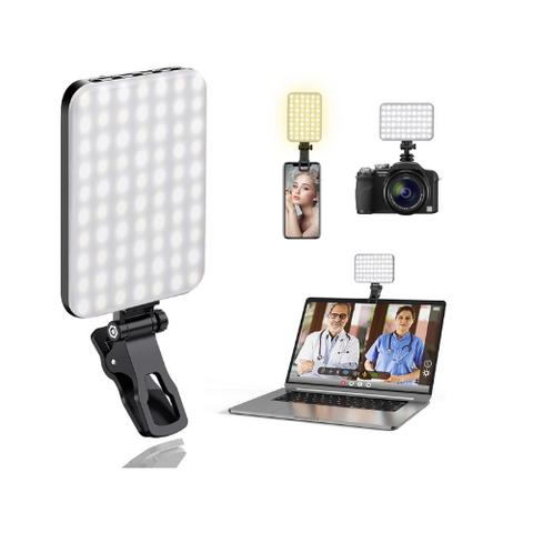 A collage of images showing a portable LED selfie light with clip, demonstrating the light being used with a mobile phone, camera, and laptop, illustrating the product's versatility and usage for video conferencing and photography.