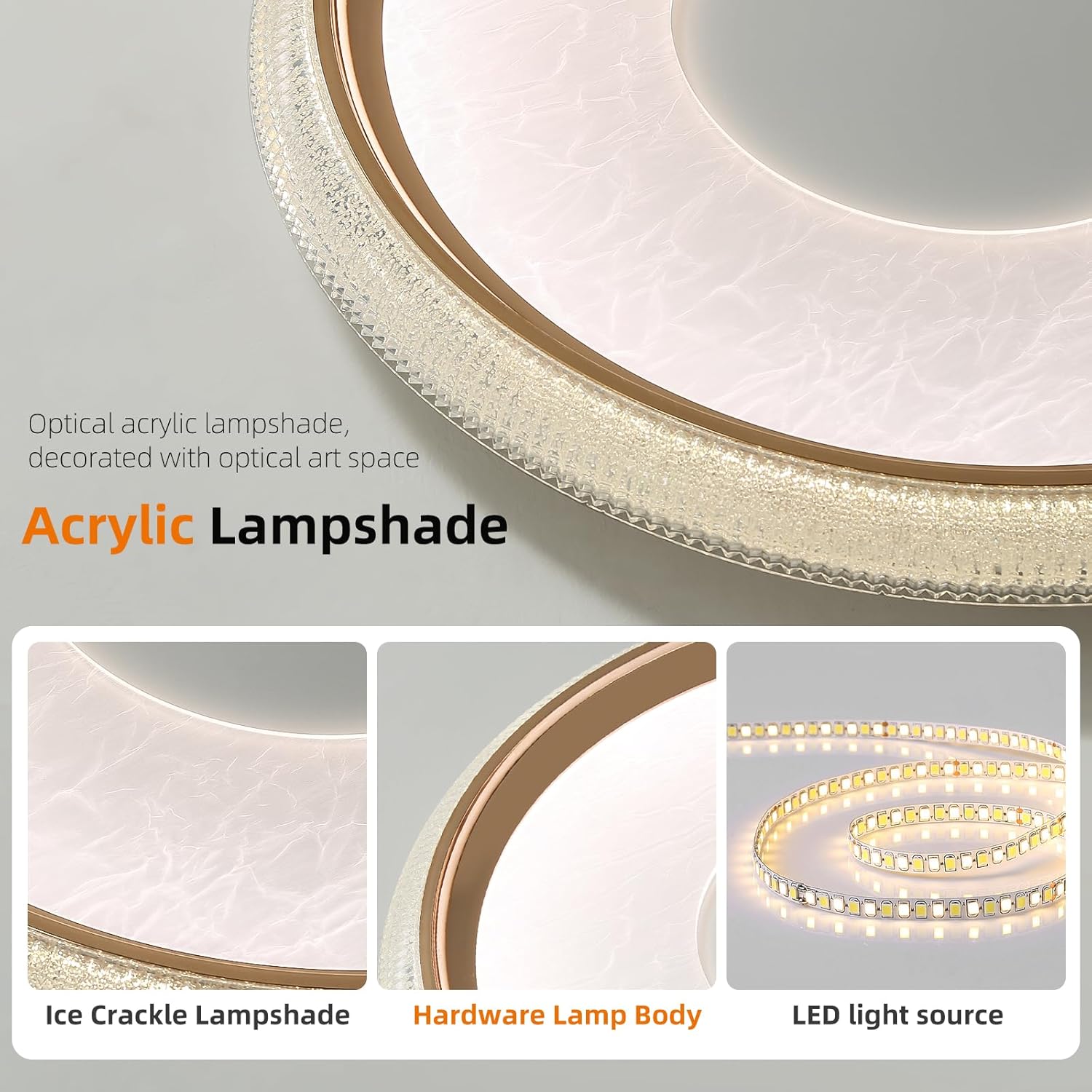 Acrylic lampshade with ice crackle finish, hardware body, and LED light source on a gray background.