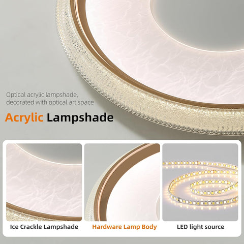 Acrylic lampshade with ice crackle finish, hardware body, and LED light source on a gray background.