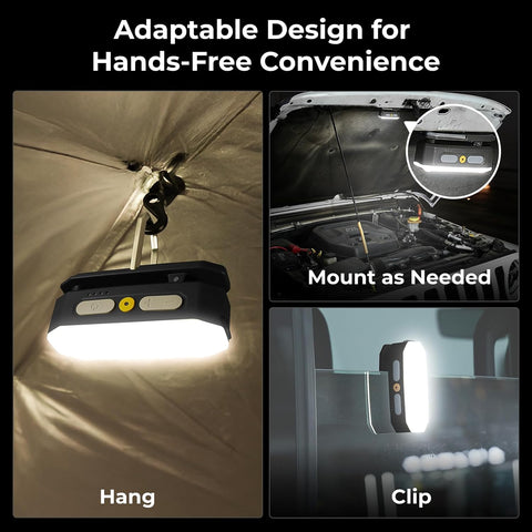 Adaptable design of a light fixture for hands-free convenience, shown in various settings.