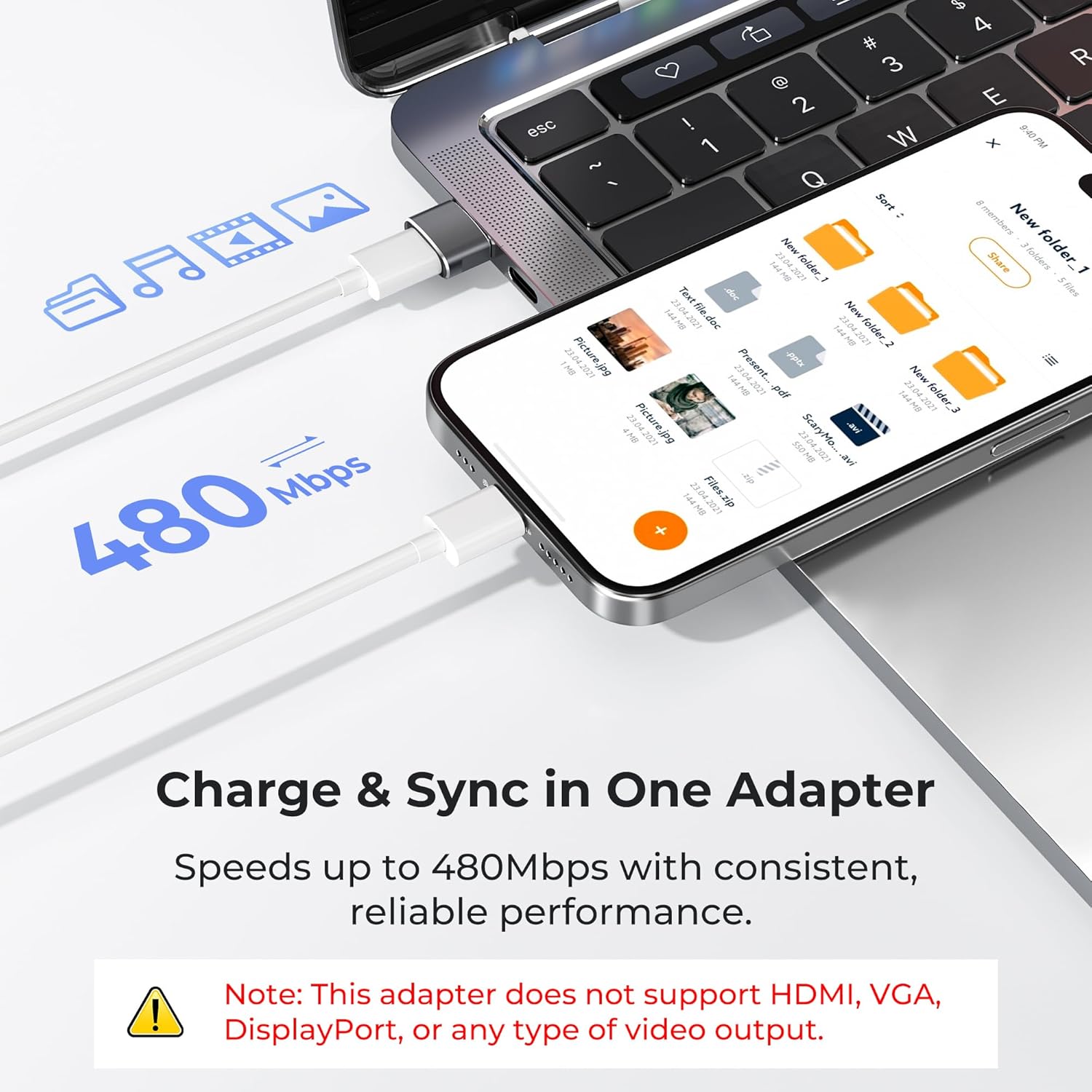 Adapter charging and syncing a smartphone with text highlighting speed and features.