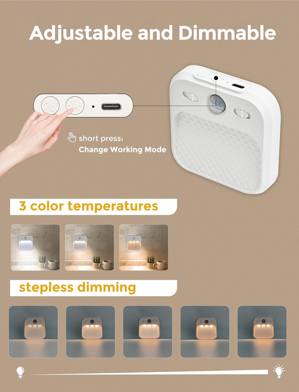 Adjustable and dimmable light control system with hand pressing a button and color temperature changes shown.