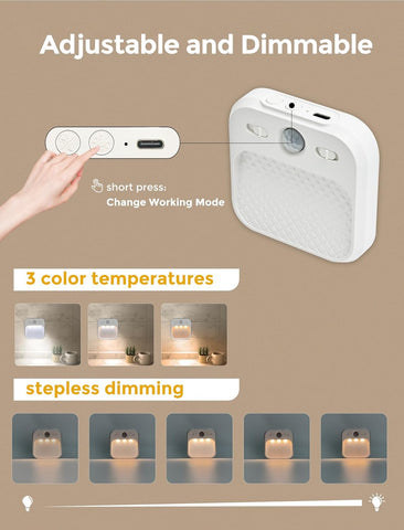 Adjustable and dimmable light control system with hand pressing a button and color temperature changes shown.