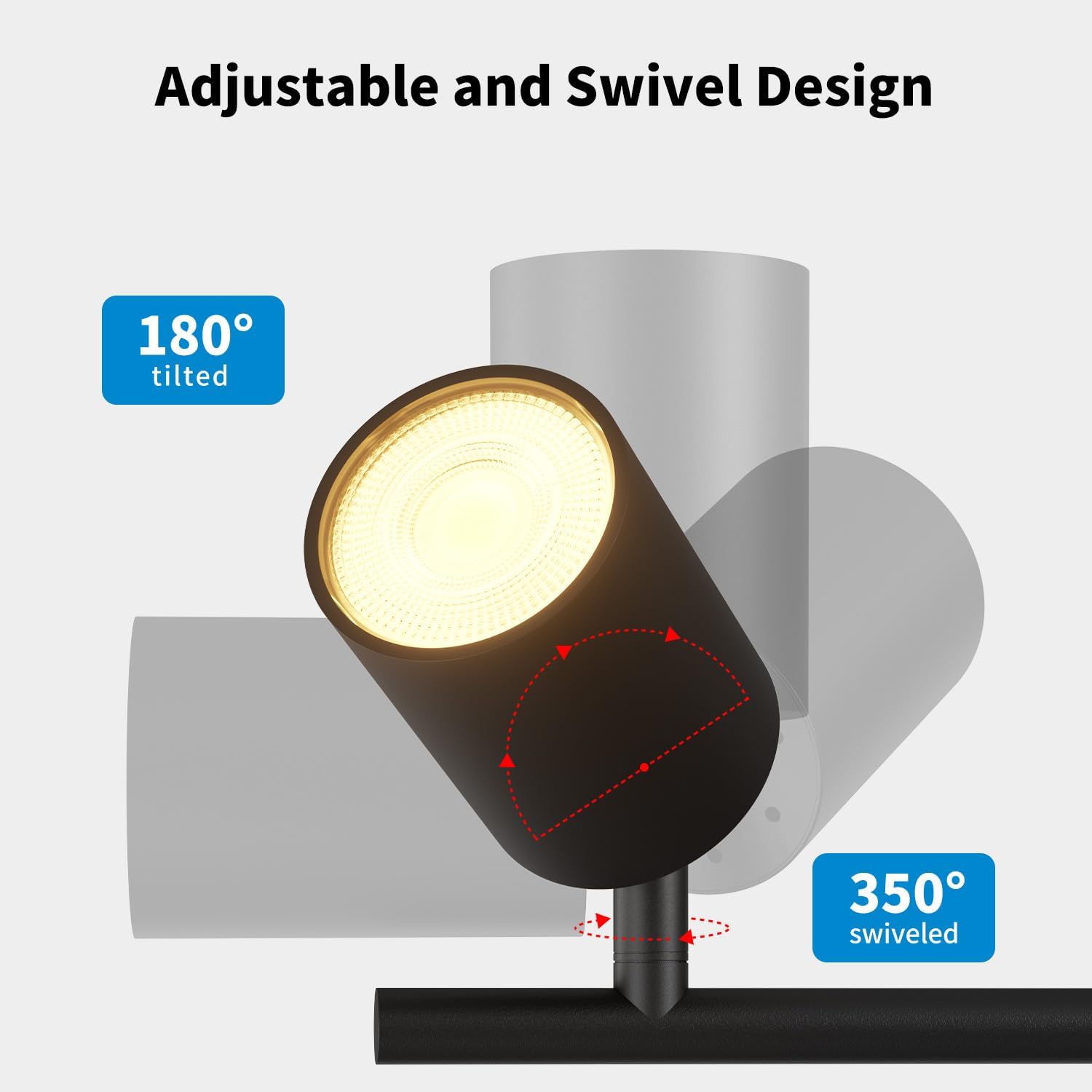 Adjustable and swivel design of a spotlight with labeled angles on a white background
