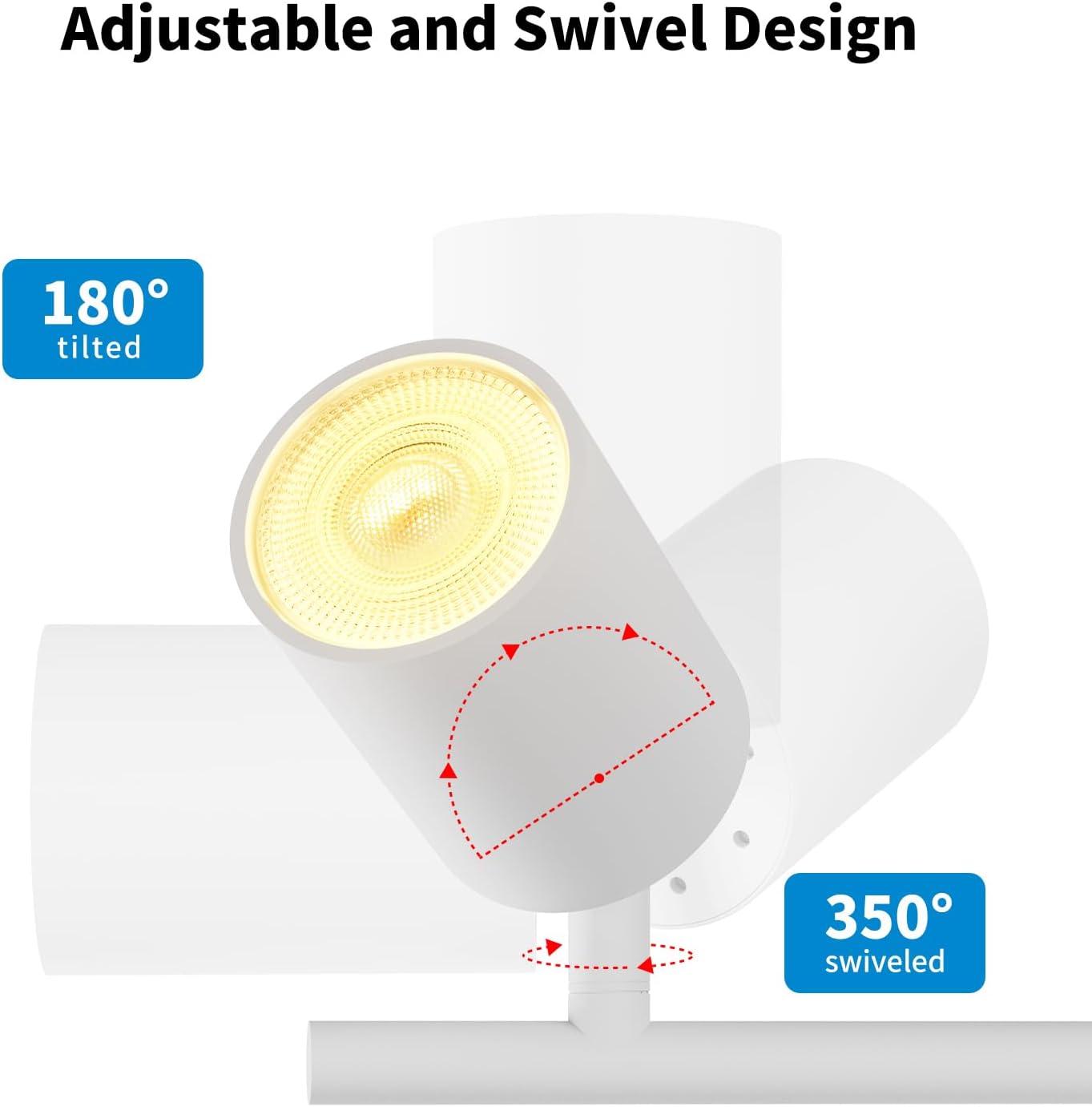 Adjustable and swivel design of a light fixture with labeled angles on a white background.