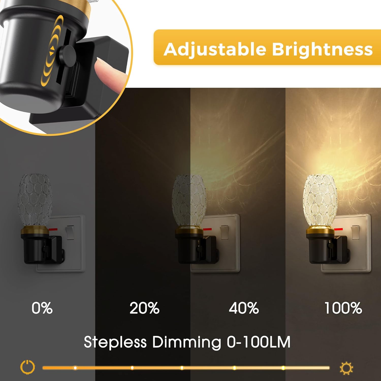Adjustable brightness night light with stepless dimming feature on a dark background