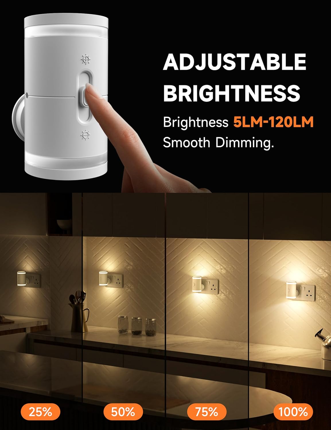 Adjustable brightness light fixture with dimming control and lighting effect demonstration.