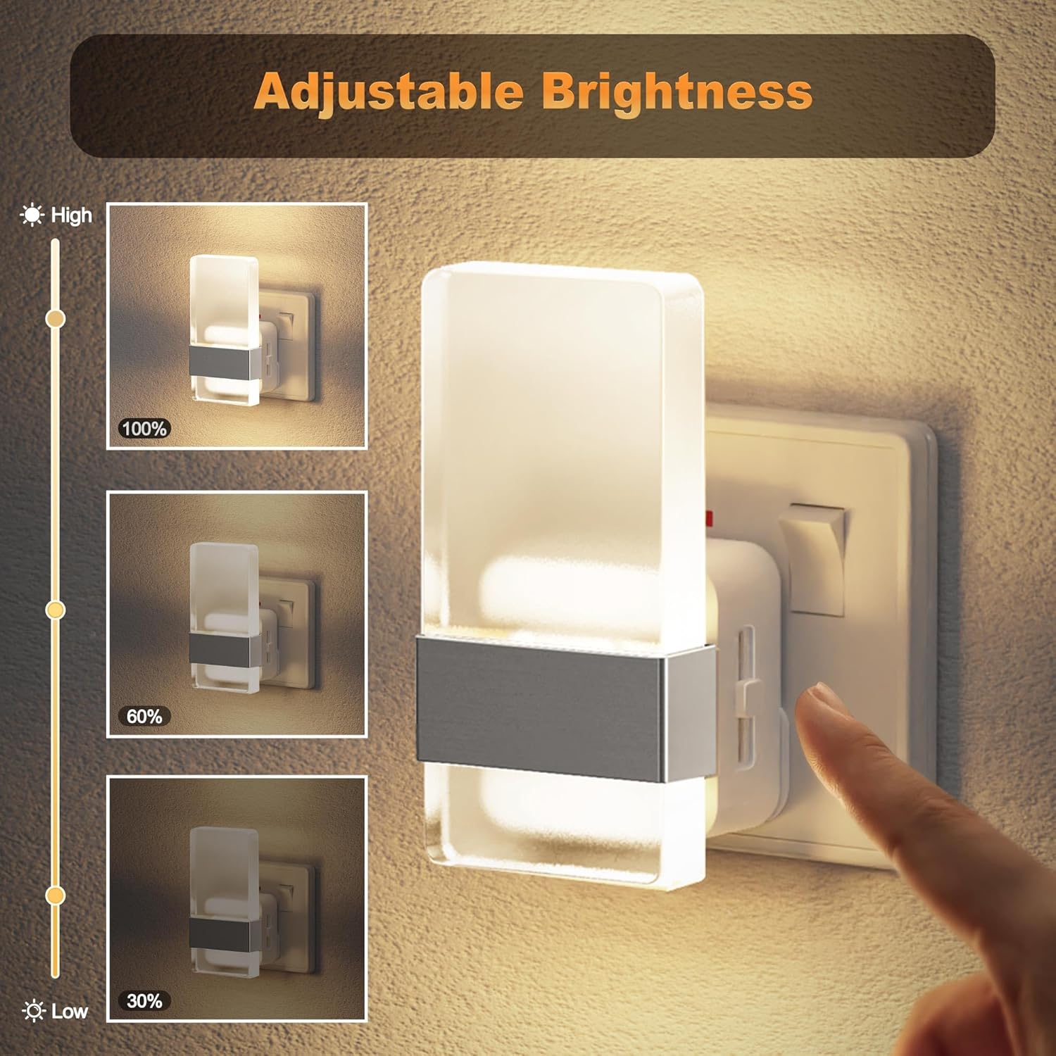 Adjustable brightness night light with a hand turning the dial on a wall socket.