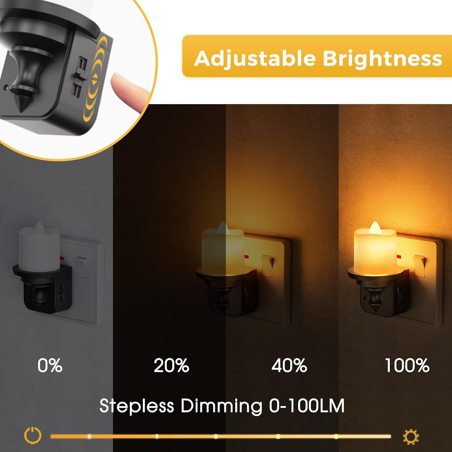 Adjustable brightness night light with stepless dimming feature on a dark background
