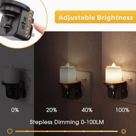 Adjustable brightness night light with stepless dimming feature on a wall socket.