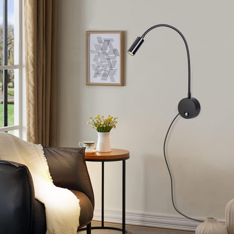 Adjustable gooseneck reading lamp wall mount