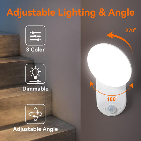 Adjustable lighting and angle feature of a night light on a staircase.