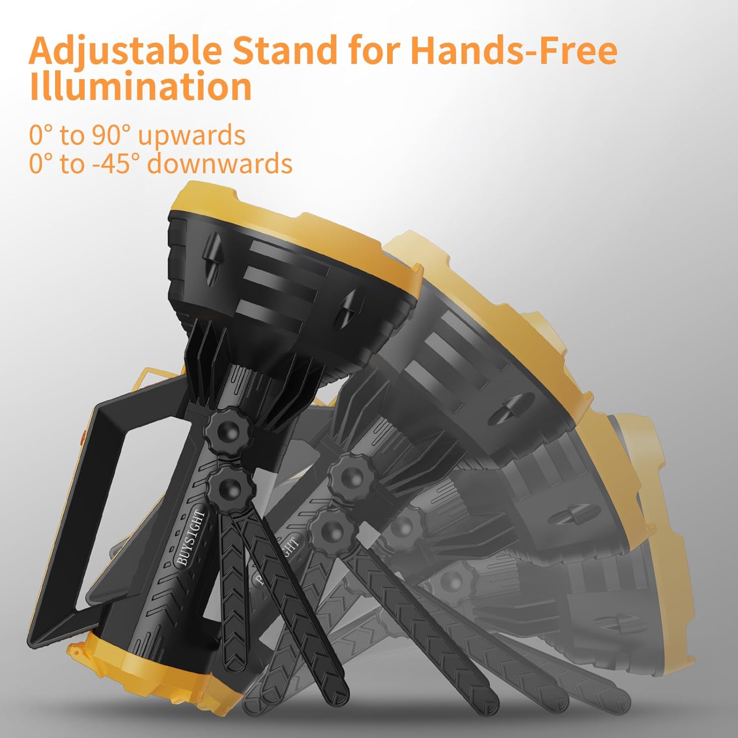 Adjustable stand for hands-free illumination with black and yellow design on a gray background