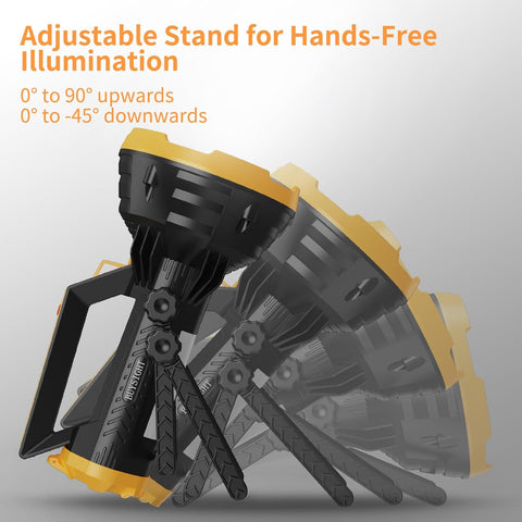 Adjustable stand for hands-free illumination with black and yellow design on a gray background