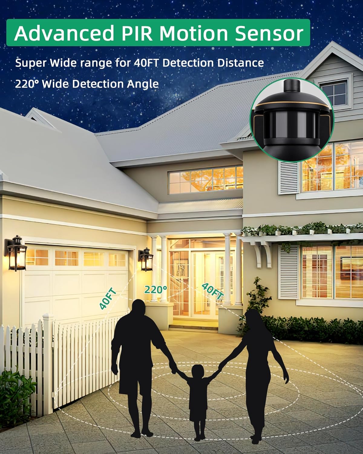 Advanced PIR motion sensor with family silhouette in front of a house