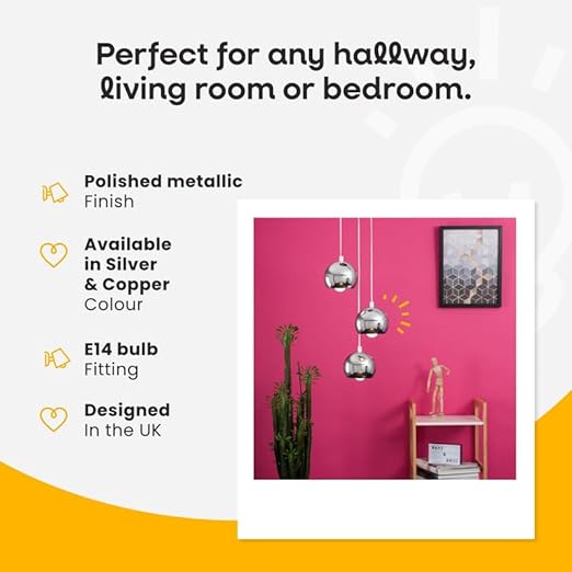Advertisement for decorative hanging lights with text on a pink wall background
